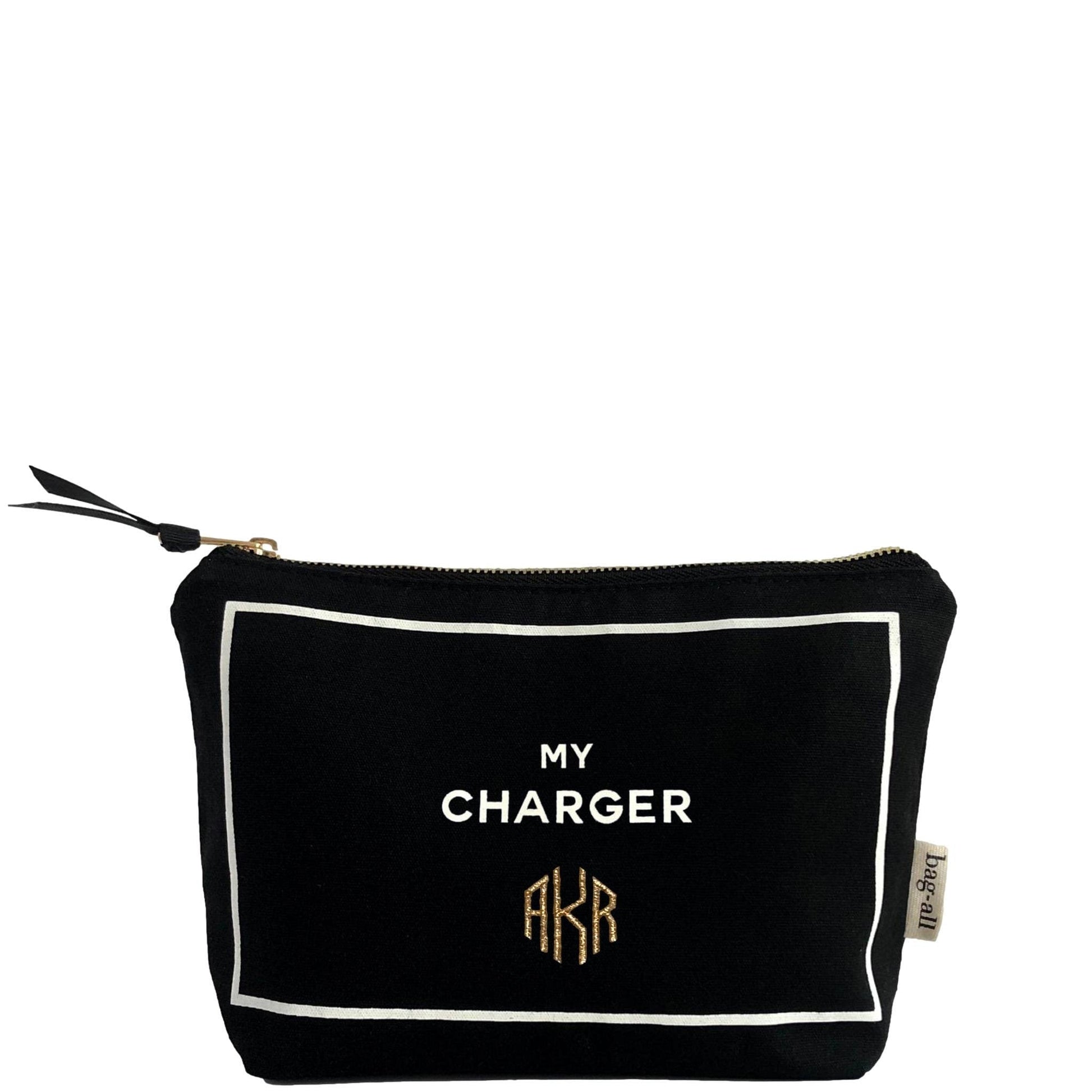 Bag-all Best Deal Gift Set featuring black cotton Toothbrush, Toiletry, and Charger cases with monogram option and striped waterproof lining