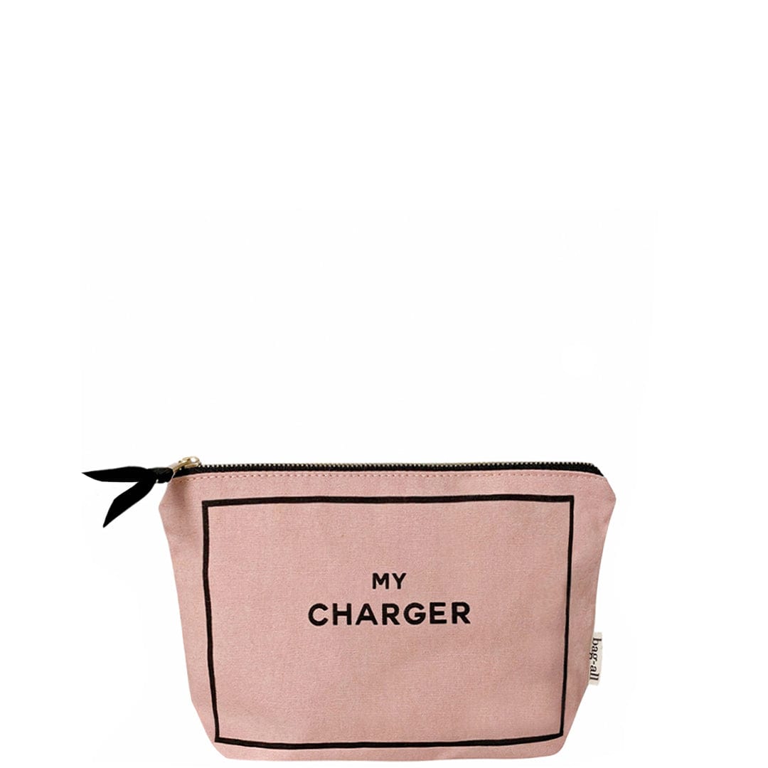 Bag-all Charger Pouch in blush pink cotton with gold zipper and black text, featuring 'MY CHARGER' print, perfect for organizing cables and tech accessories
