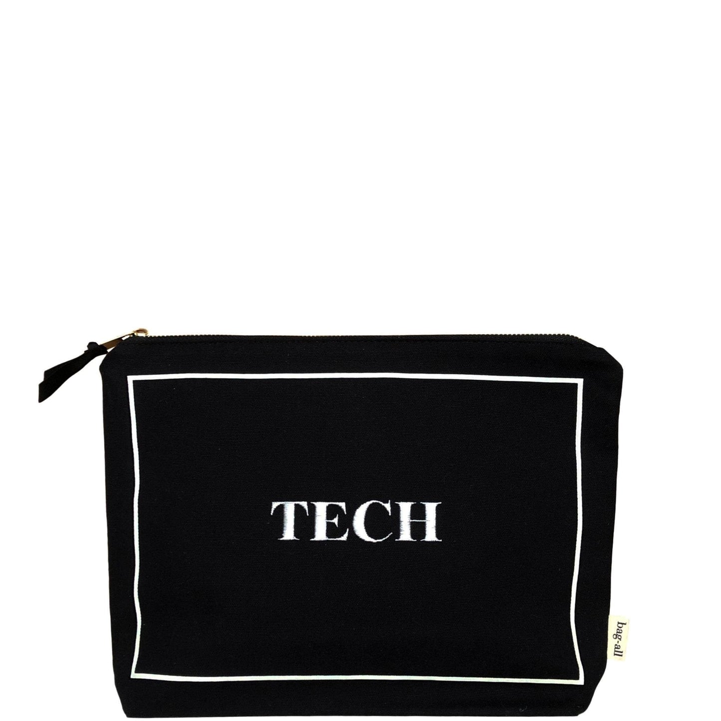 Bag-all Black Tech Pouch with white border detail, stylish organizer case for gadgets and chargers, featuring 'TECH' text in elegant white lettering