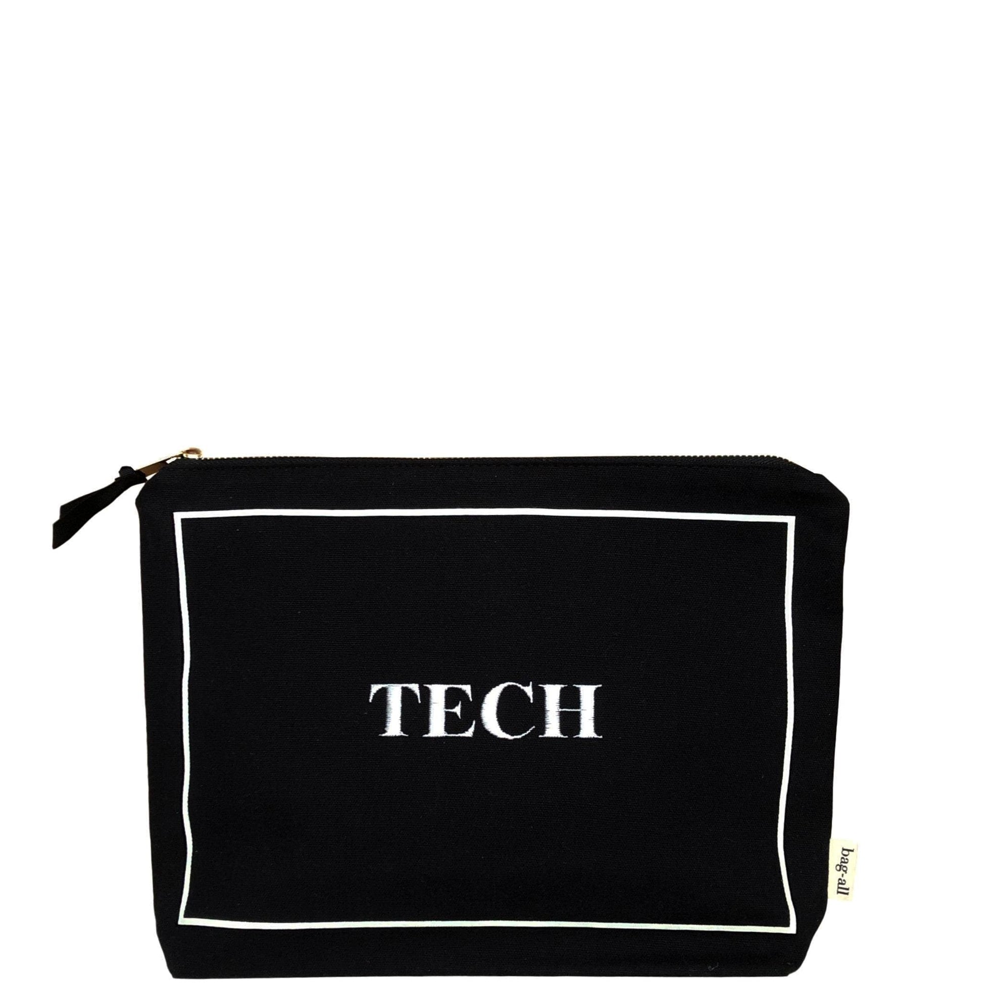 Bag-all Black Tech Pouch with white border detail, stylish organizer case for gadgets and chargers, featuring 'TECH' text in elegant white lettering