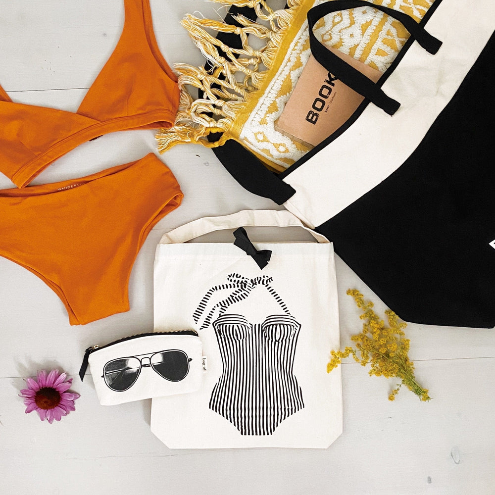 
                                      
                                        Orange bikini, beach tote, sunglasses case and a swimsuit bag. 
                                      
                                    