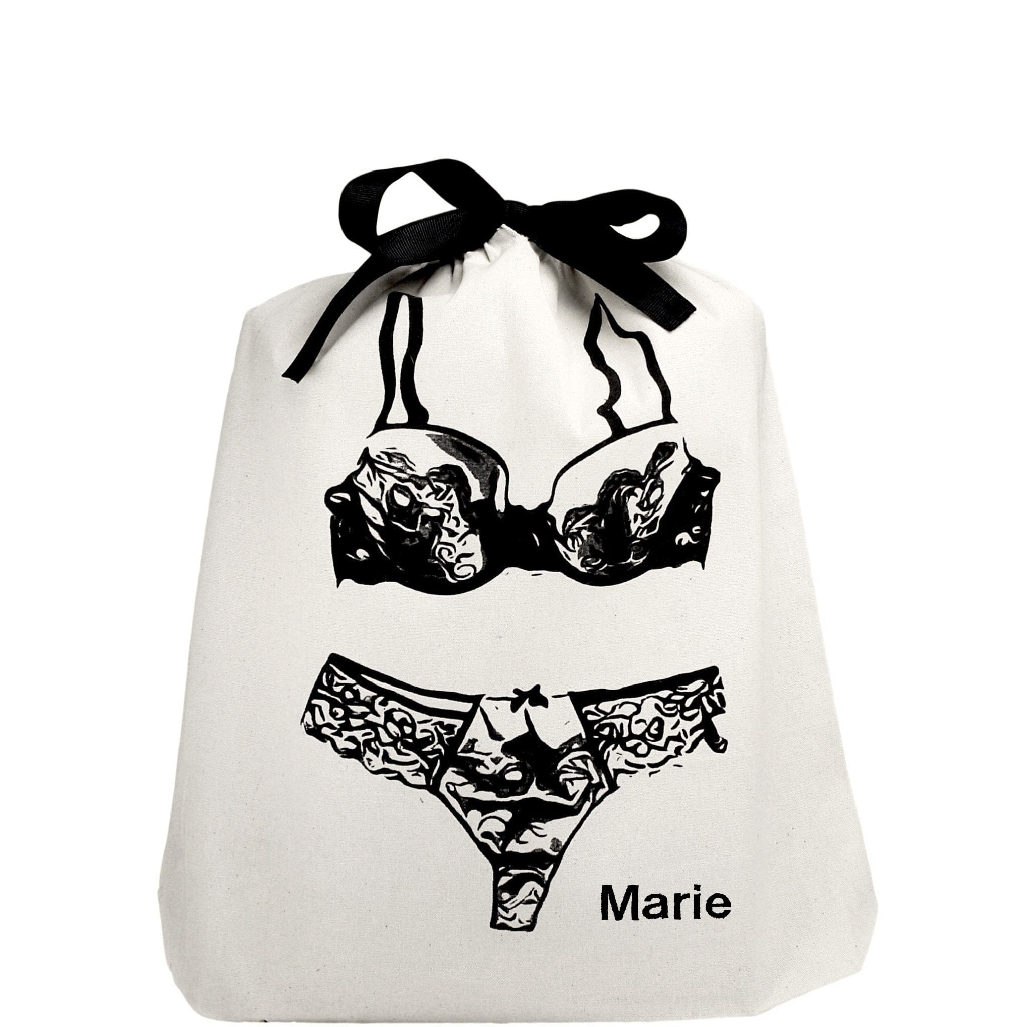 Lace lingerie bag with "marie" monogrammed on the bottom. 