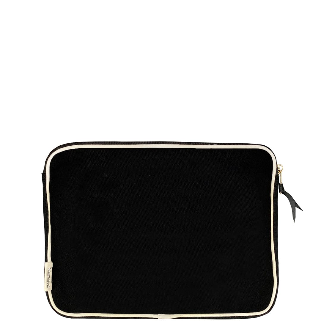 Bag-all Black Laptop Case 15" with charger pocket, gold-plated zippers and striped interior lining. Padded sleeve with secure strap for protection and organization.
