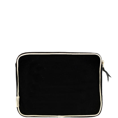Bag-all Black Laptop Case 15" with charger pocket, gold-plated zippers and striped interior lining. Padded sleeve with secure strap for protection and organization.