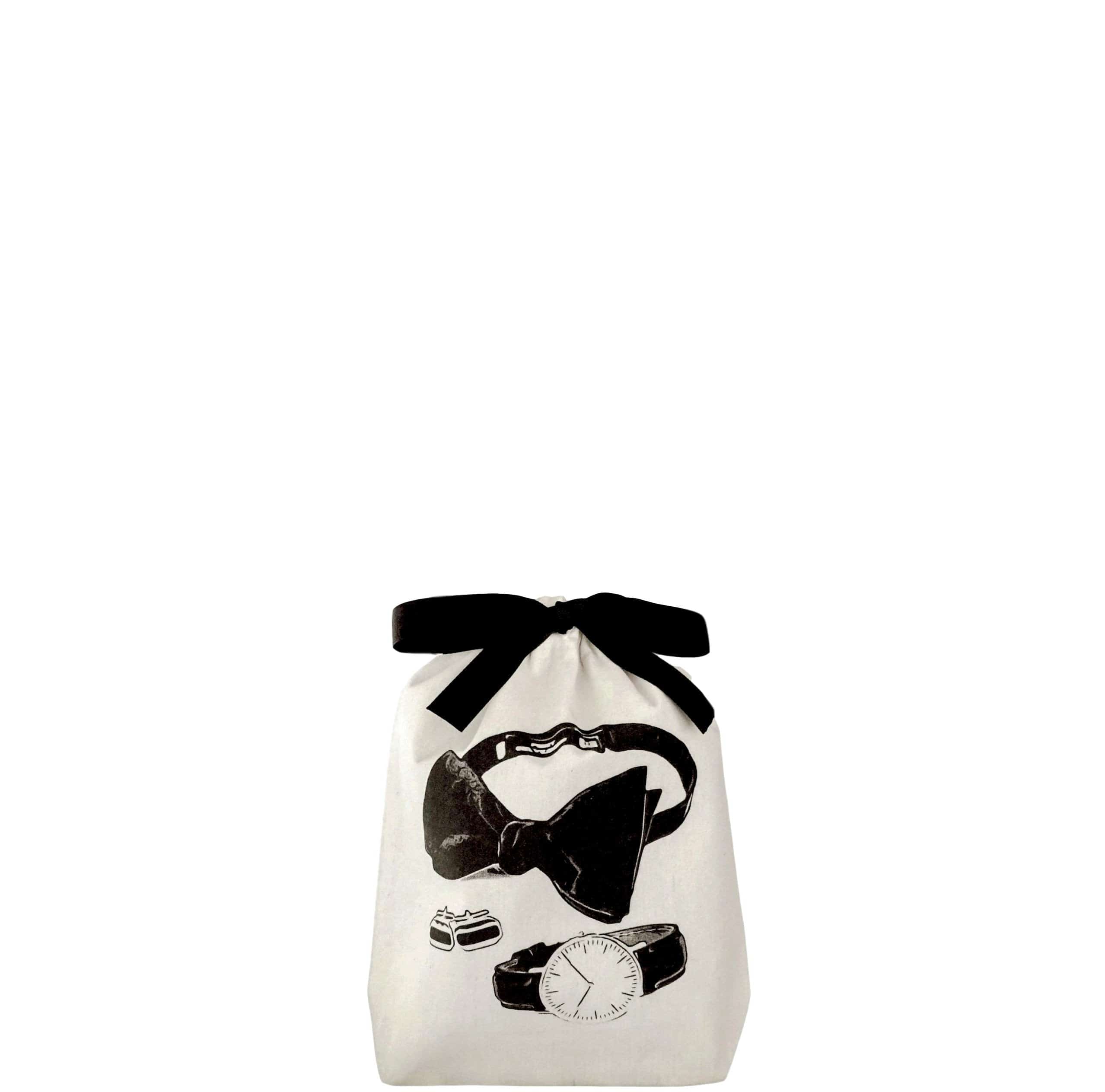 Men's accessories bag with a bow tie, cuffs and a watch printed on the front. 