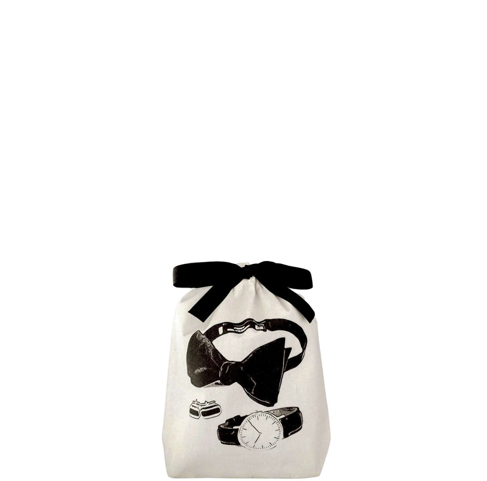 
                                      
                                        Men's accessories bag with a bow tie, cuffs and a watch printed on the front. 
                                      
                                    