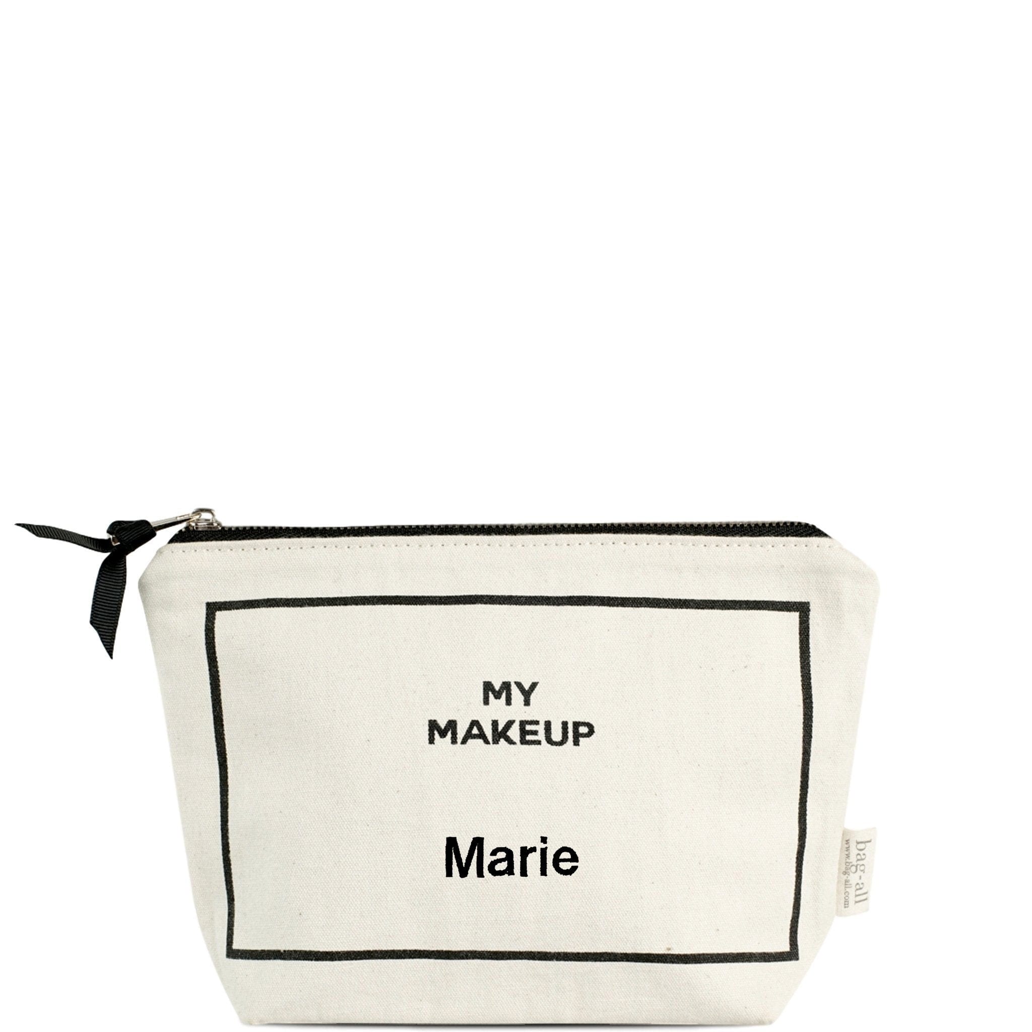 Bag-all Deal Gift Set for Her featuring cream cotton makeup case with black text personalization, part of 3-pack organizing set with lingerie and jewelry cases