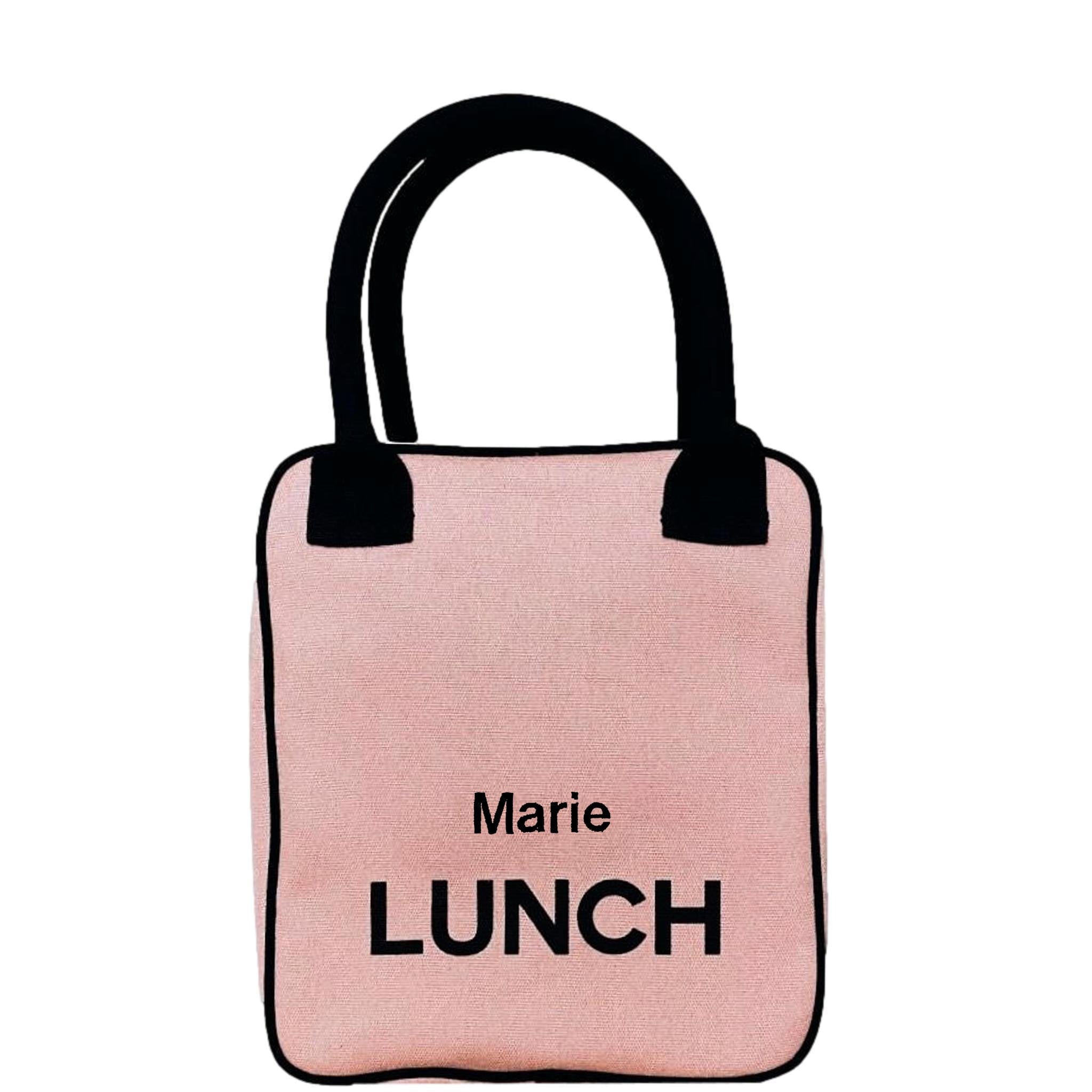 Pink insulated lunch box with a monogram. 