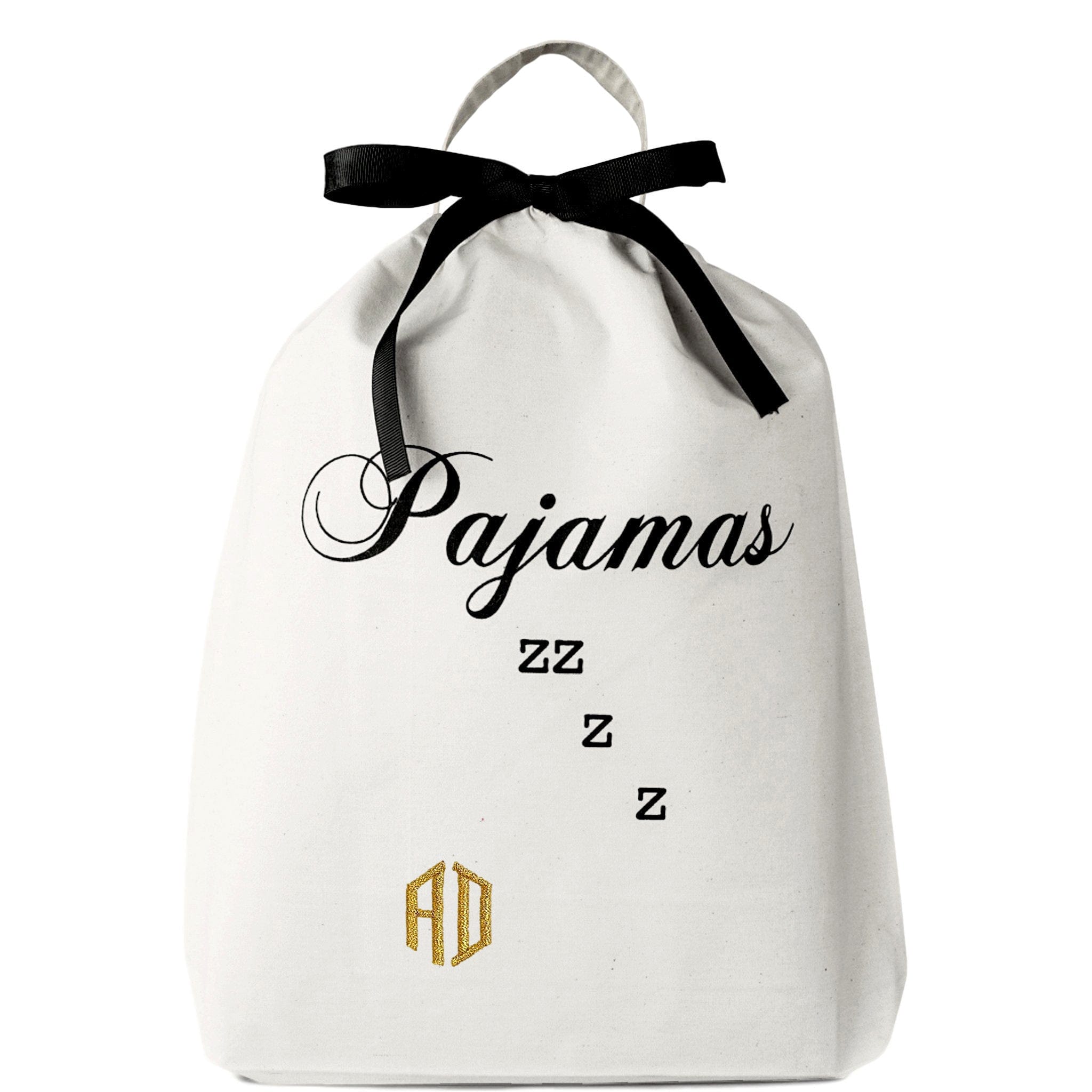 Pajamas Zzzz bag with a monogram on the bottom left.