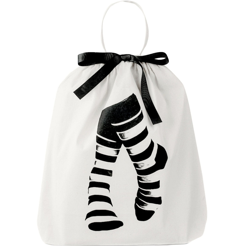 stripped sock printed on front, black ribbon, handle