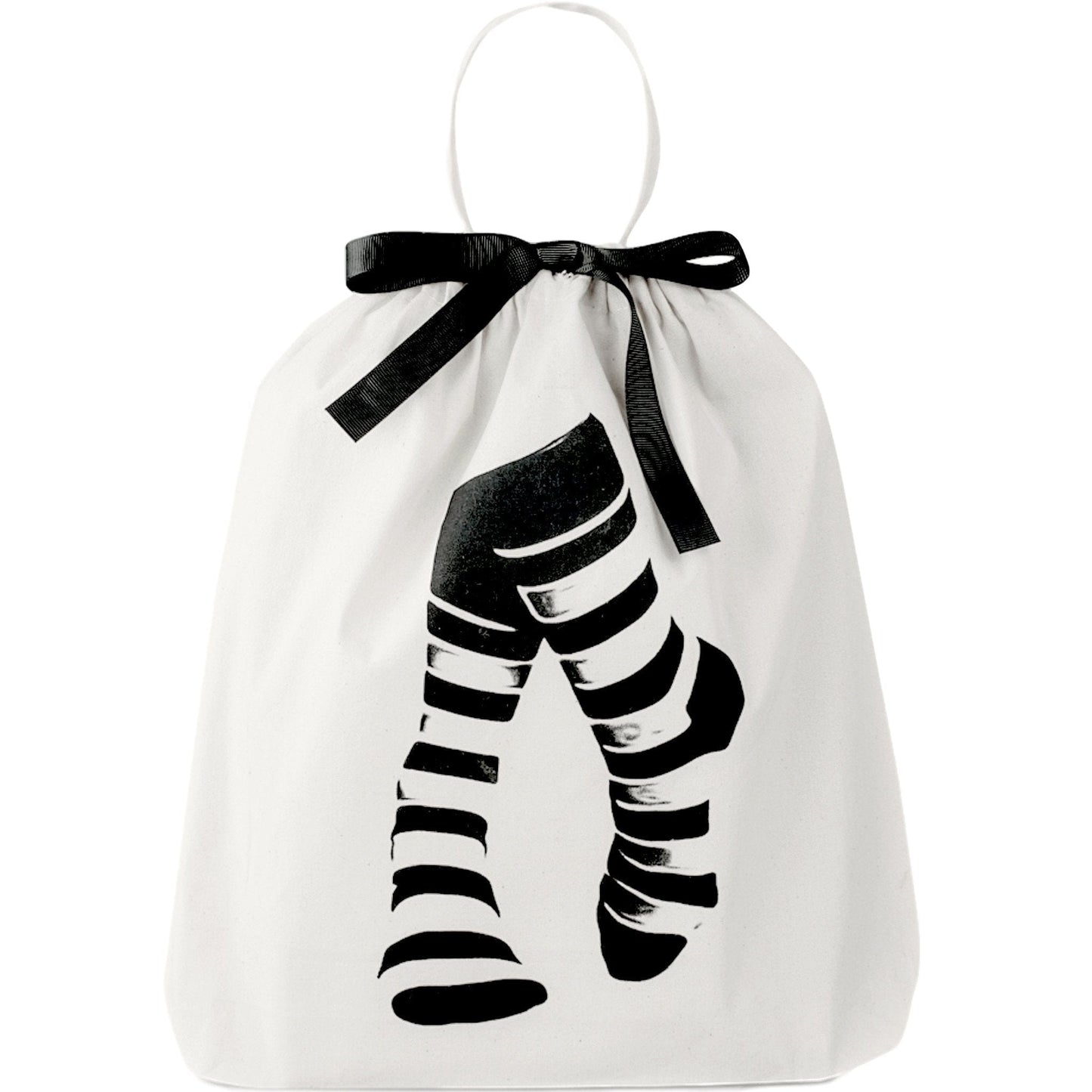 stripped sock printed on front, black ribbon, handle