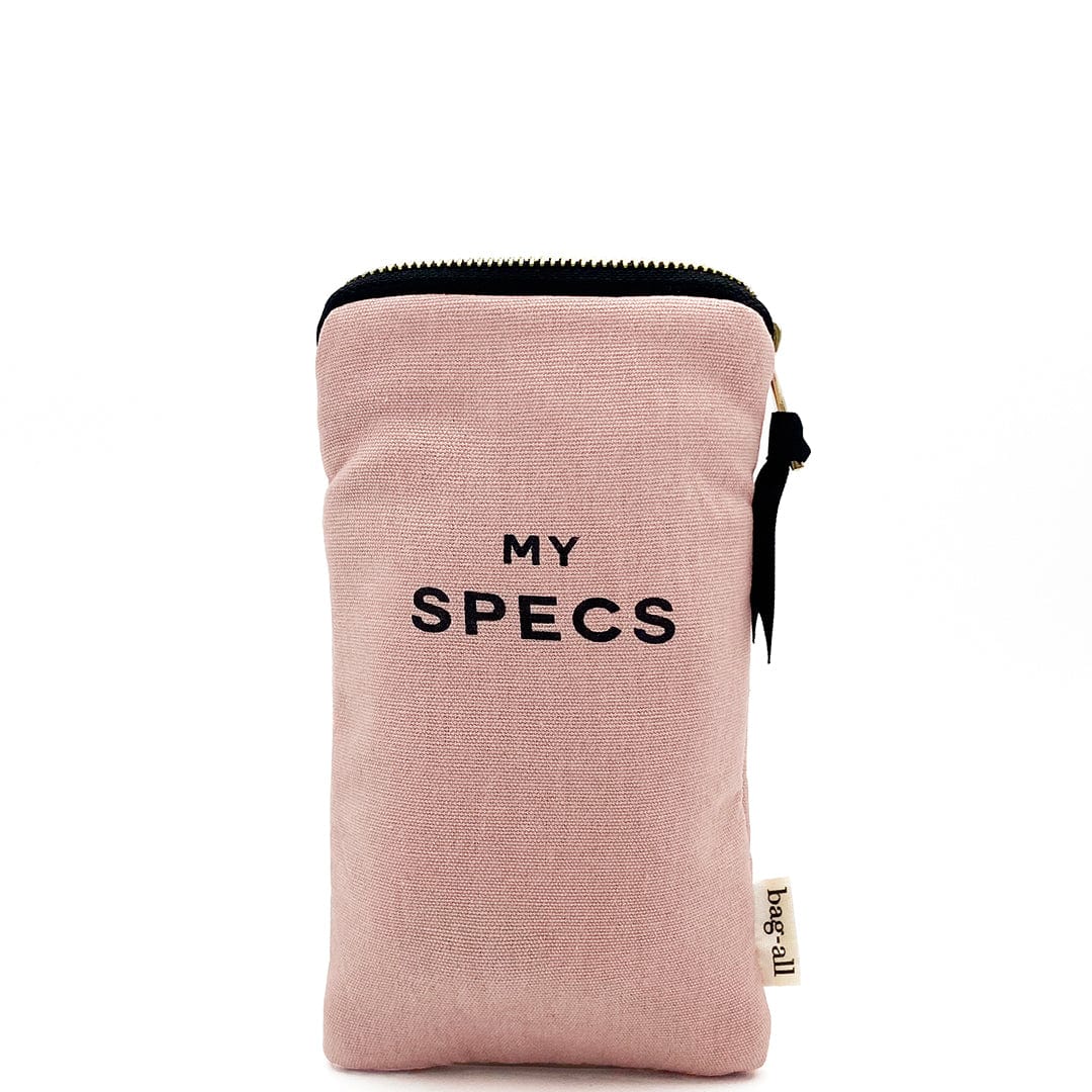 Bag-all My Specs Glasses Case in blush pink cotton with exterior pocket and gold zipper closure, perfect for storing sunglasses and small accessories