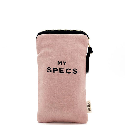 Bag-all My Specs Glasses Case in blush pink cotton with exterior pocket and gold zipper closure, perfect for storing sunglasses and small accessories