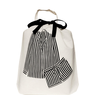 Bag-all Striped Pajamas Travel Bag in cream with black bow featuring illustrated black and white striped pajama set design for stylish travel organization