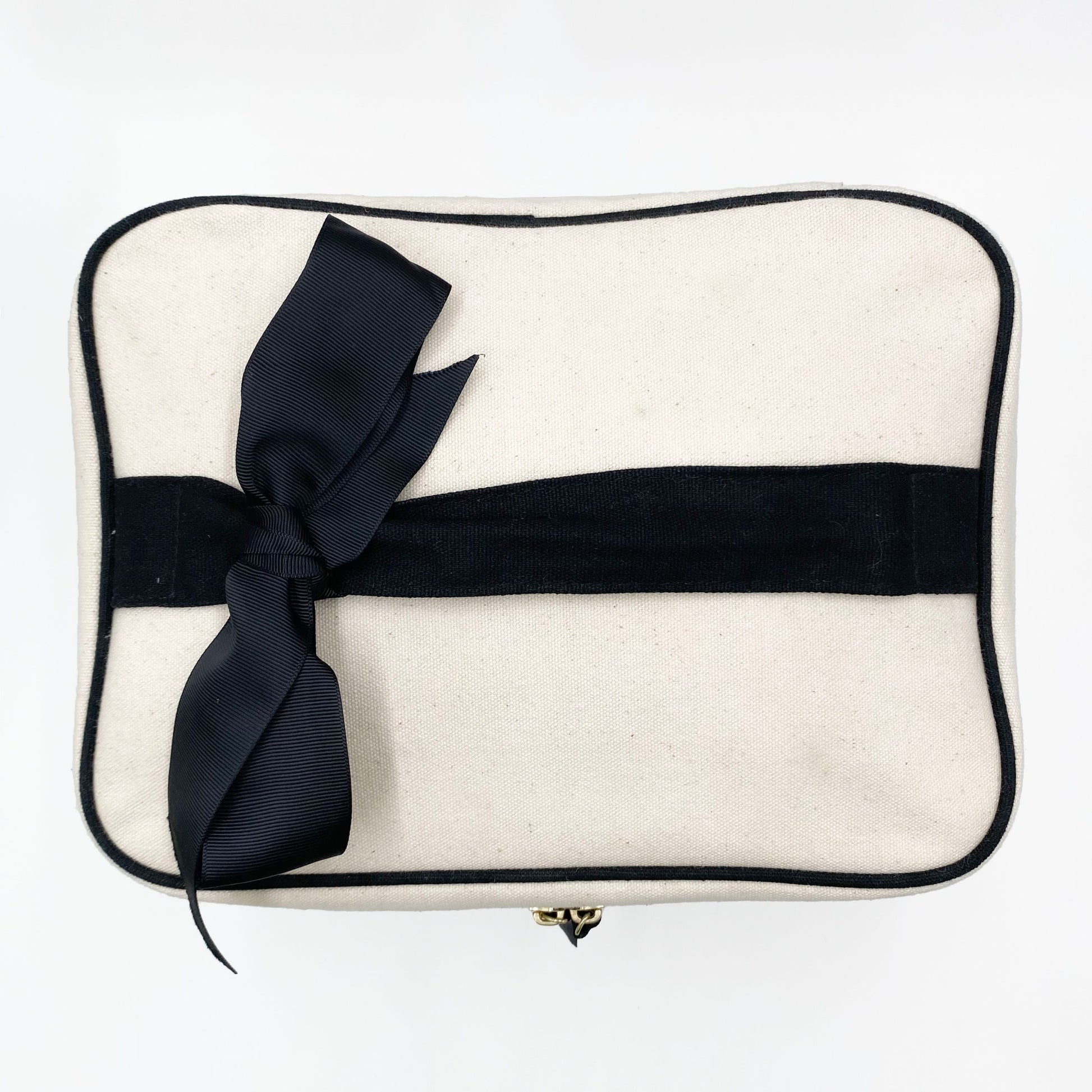 Bag-all My Vanity Large Beauty Box in cream canvas with black trim and removable bow, waterproof lined makeup organizer case for travel and home storage